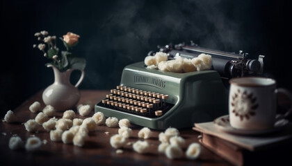 Fototapete - Old fashioned typewriter on rustic table, steam rising from coffee cup generated by AI