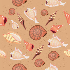 Wall Mural - Set of beautiful sea shells on brown background. Pattern for design