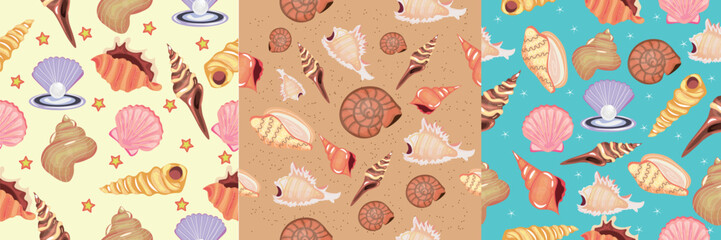 Wall Mural - Sets of beautiful sea shells on color background. Patterns for design