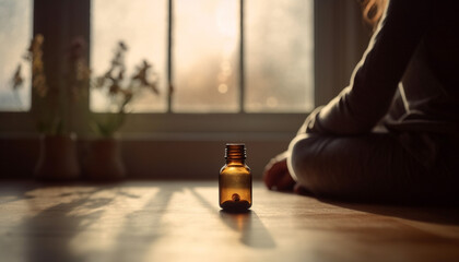 One woman holding bottle of aromatherapy oil for relaxation indoors generated by AI