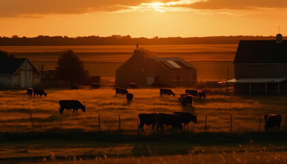 Canvas Print - Cattle graze in meadow at dusk, backlit by sunset generated by AI