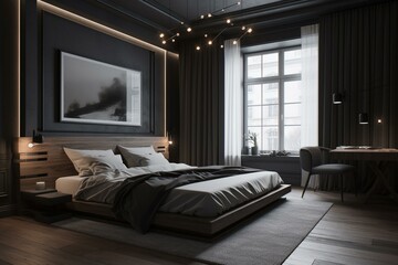 Sophisticated contemporary male bedroom with wood & dark grey palette. Generative AI