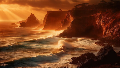 Wall Mural - The majestic cliff reflects the beauty of the tranquil sunset generated by AI