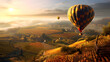 Balão de ar quente voando sobre uma paisagem nas montanhas