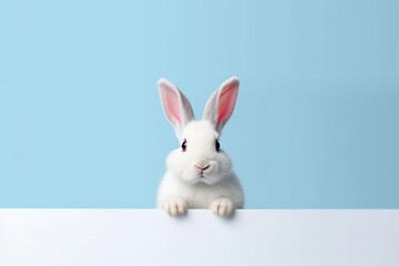 white rabbit on blue background. Generative AI