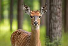 Young White-tailed Deer Up Close In Summer Forest