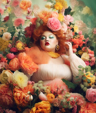 Haute Couture Fashion Curvy Woman Surrounded By Flowers In Studio. Generative AI