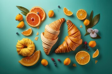 Poster - Fruit-filled croissants in a flat lie