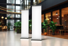 Roll Up Mockup Poster Stand In An Shopping Center Or Mall Environment As Wide Banner Design With Blank Empty Copy Space Area - Generative AI