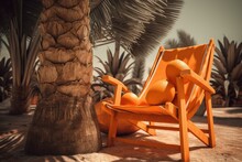 3D Illustration Of An Orange Beach Chair Under A Palm Tree With Summer Accessories. Generative AI