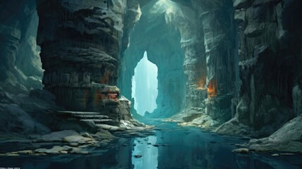 Poster - Descend into the depths and witness the enigmatic beauty of underwater caves and grottos. Generative AI