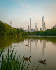 Poster - View of the skyline of Midtown Manhattan and The Lake at Central Park, Manhattan, New York