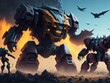 Epic clash between colossal mechs in a war. Generative AI