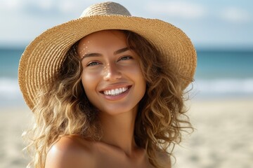 Wall Mural - Happy woman in a straw hat is sunbathing on the beach. Travel concept. AI generated, human enhanced