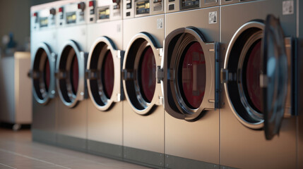 A row of industrial laundry machines