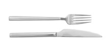 Knife and fork isolated on white, top view. Stylish shiny cutlery set