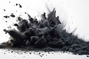 View of isolated coal dust fragments on white background. Closeup of black dust particles explode isolated on white background. Realistic 3D illustration. Generative AI