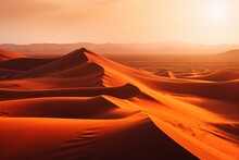 Orange Gradient Sky Complements Sand Dunes In A Modern Wallpaper Of Desert Landscape. Generative AI