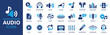 © Icons-Studio - Audio icon set. Containing headphones, sound, music, volume, earphones, equalizer and speaker icons. Solid icon collection. Vector illustration.