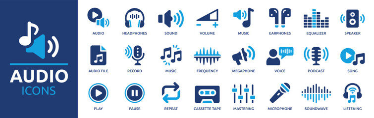 Poster - Audio icon set. Containing headphones, sound, music, volume, earphones, equalizer and speaker icons. Solid icon collection. Vector illustration.