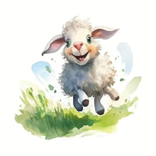 Cute Little Sheep Cartoon In Watercolor Painting Style