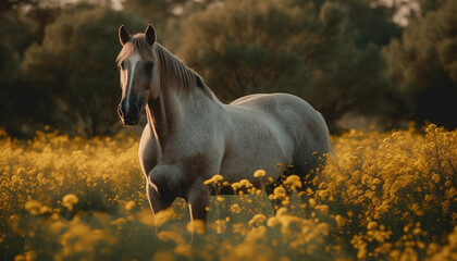 Canvas Print - Thoroughbred stallion running free in tranquil meadow at sunset generated by AI