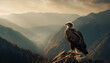 Majestic bald eagle flying over mountain range at sunset generated by AI