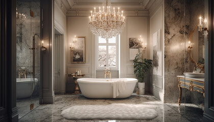 Canvas Print - Modern luxury bathroom elegant design, marble flooring, illuminated chandelier fixture generated by AI