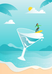 Wall Mural - A woman surfing on a cocktail glass.