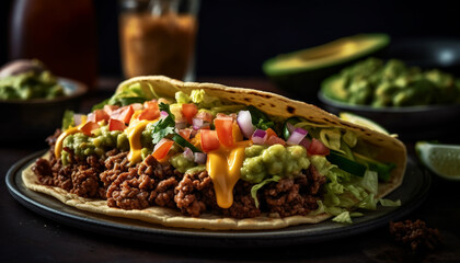 Grilled beef taco with guacamole, cilantro, and jalapeno pepper generated by AI