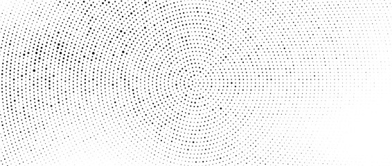 Poster - Radial halftone dots. Spotted and dotted stains gradient background. Concentric comic texture with fading effect. Black and white rough gritty wallpaper. Grunge monochrome pop art backdrop. Vector