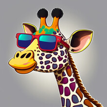 Cartoon Colorful Giraffe With Sunglasses On White Background.