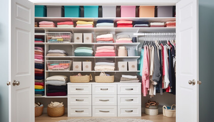 Modern closet collection Multi colored garments neatly arranged on shelves generated by AI