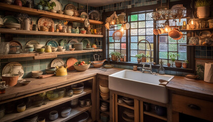 Poster - Rustic pottery shelf adds warmth to modern kitchen design generated by AI