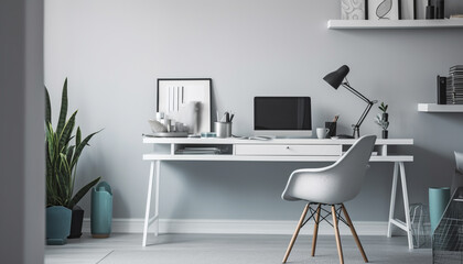 Canvas Print - Modern office design with computer, plant, and electric lamp decor generated by AI