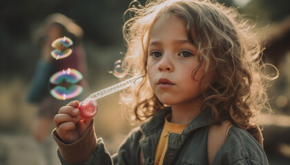 Poster - Cute girl blowing bubbles, enjoying carefree childhood in nature generated by AI