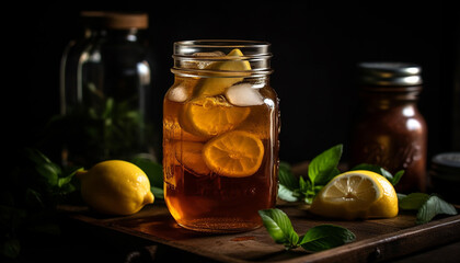 Poster - Refreshing citrus cocktail with lemon, lime, and mint leaves generated by AI