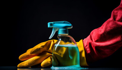 Poster - Cleaner sprays antiseptic liquid with protective gloves on blue container generated by AI