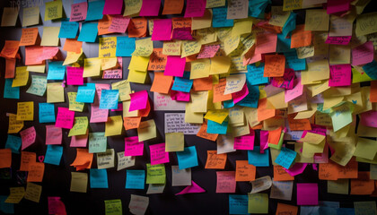Multi colored adhesive notes on chaotic bulletin board inspire modern creativity generated by AI