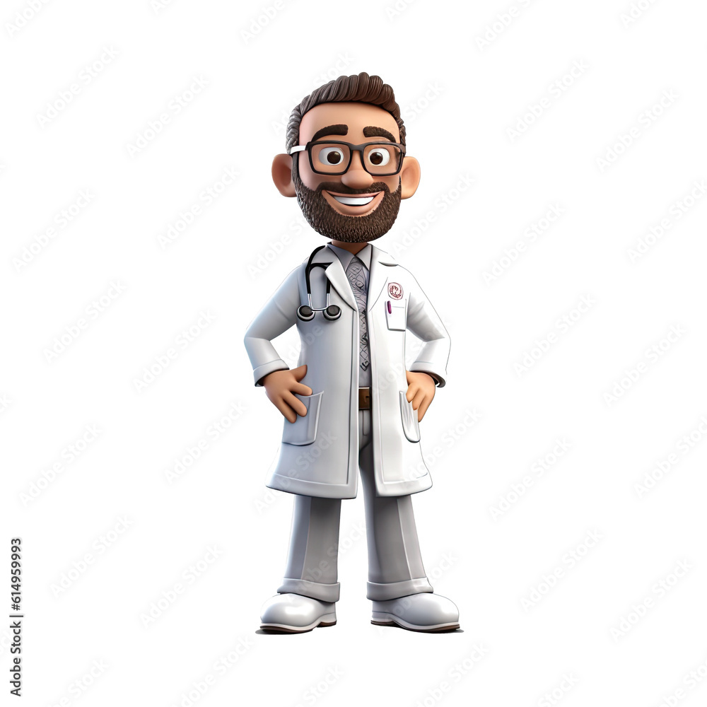 3D Happy cartoon doctor. Cartoon doctor on transparent background. Generative AI