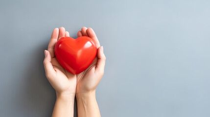 Female hands holding a red heart on a gray background with copy space, Charity Day Concept
