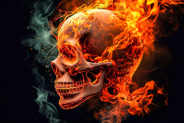 Wall Mural - Skull burning in fire on black background. Halloween concept. Generative AI
