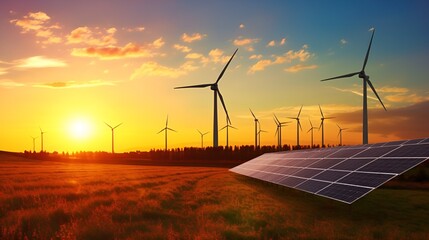 Solar panels with wind turbines and wind farms in the background. Renewable energy and green technology.