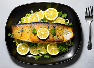 Wall Mural - grilled salmon with lemon and salad