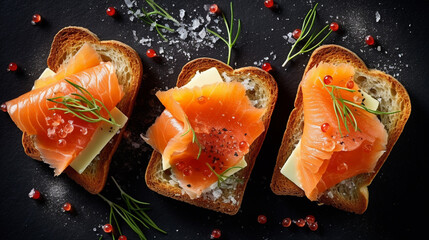 Wall Mural - breakfast breads toasts with cream cheese and salmons top views collection of delicious food and breakfast theme