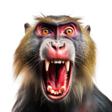 Front View Of Ferocious Looking Mandrill Animal Looking At The Camera With Mouth Open Isolated On A Transparent Background 