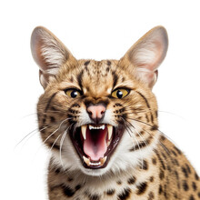 Front View Of Ferocious Looking Serval Animal Looking At The Camera With Mouth Open Isolated On A Transparent Background 