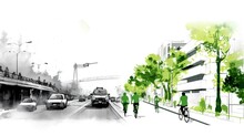 Comparison Contrasting A Smog-filled Street, Heavy With Traffic, And A Green, Eco-friendly Pedestrian Street Adorned With Bike Lanes. Environmental Impact Of Our Transportation Choices. Generative AI