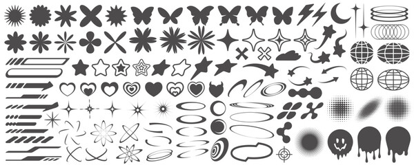 Wall Mural - y2k icons. retro graphic elements for design. modern rave symbols. abstract geometric stars sparkles