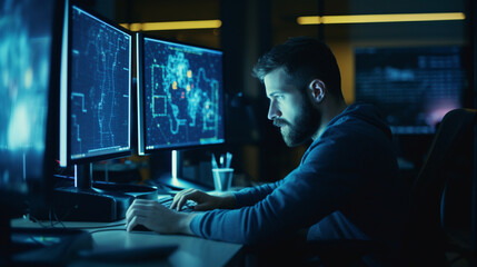Poster - scientist analyzing data on a computer screen in a genetics laboratory at night
